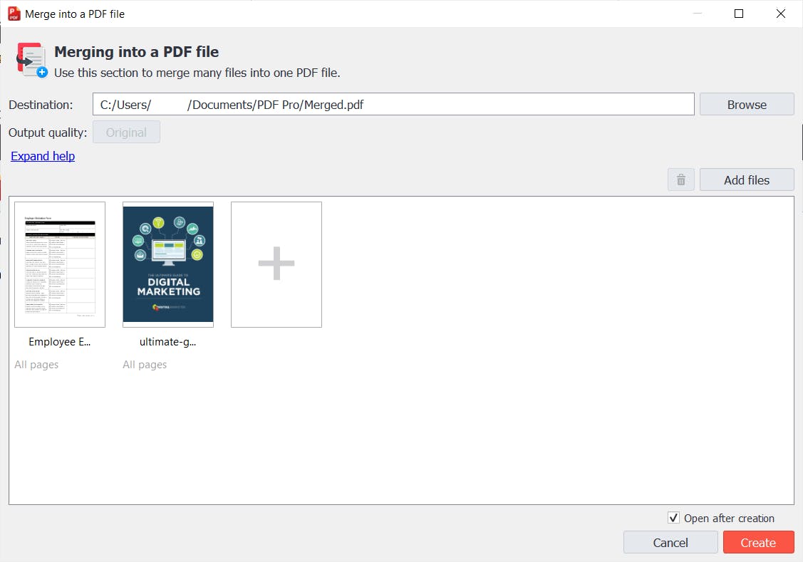 The merge PDF dialog box in PDF Pro.