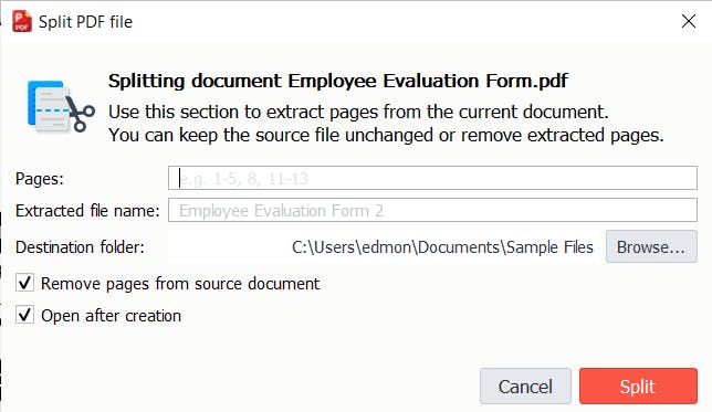 PDF Pro's Split PDF file dialog box. 