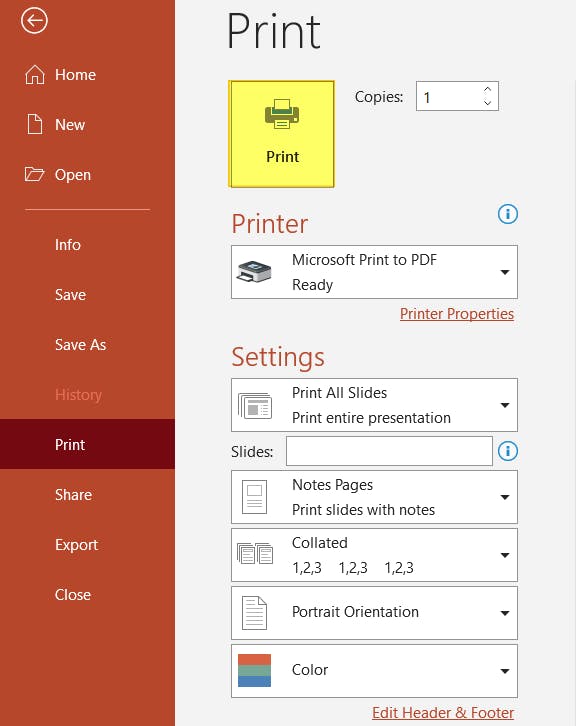 Print button highlighted in PowerPoint.