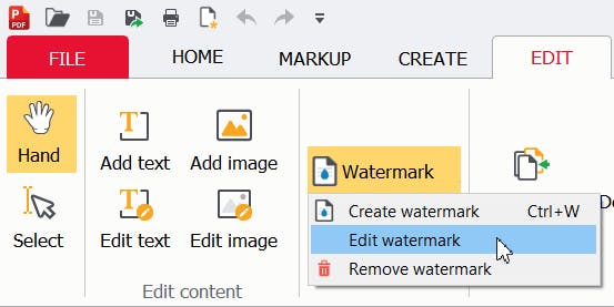 Mouse cursor hovering over Edit  watermark option in Watermark.
