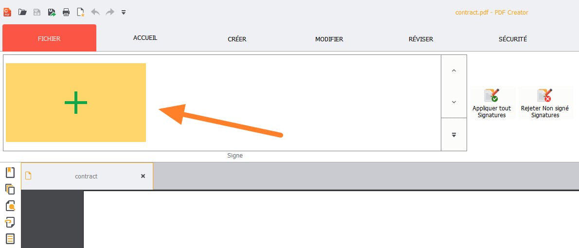 Ajouter un bouton de signature dans PDF Creator avec une flèche pointant dessus.