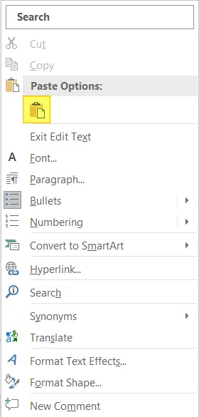 PowerPoint context menu. The Paste option is highlighted.