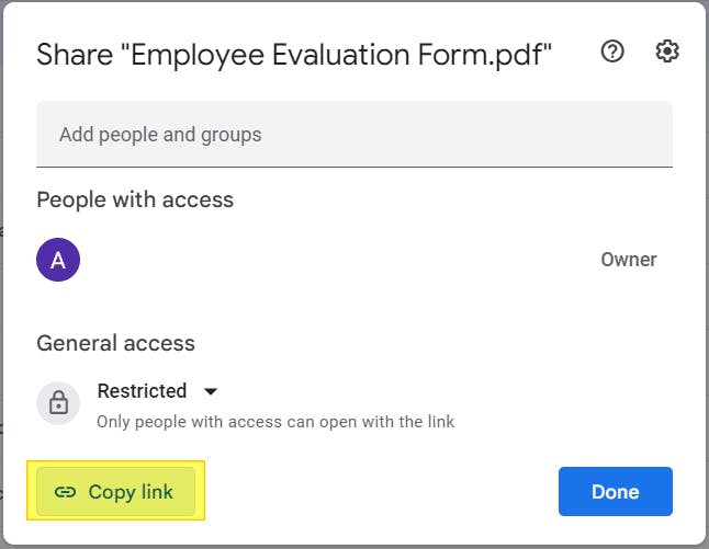 Google Drive's Share link dialog box. The Copy Link button is highlighted. 