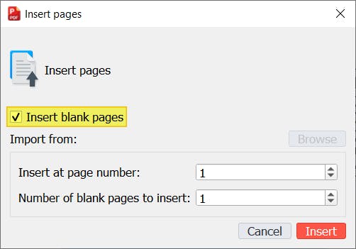 PDF Pro's Insert pages dialog box. The Insert blank pages checkbox is check marked and highlighted. 