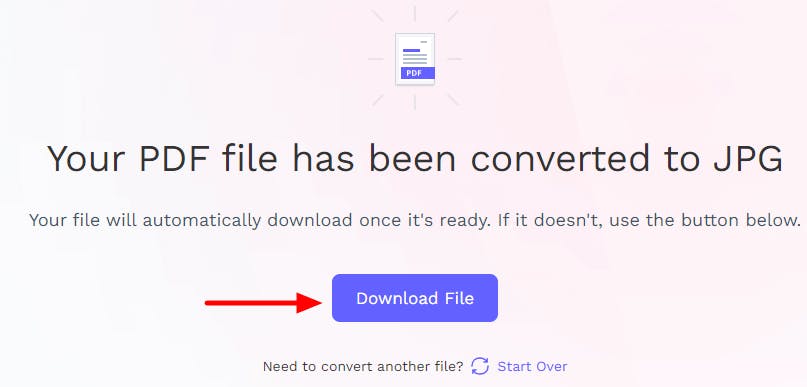 PDF Pro's online PDF to JPG tool. A red arrow is pointing at the Download File button.