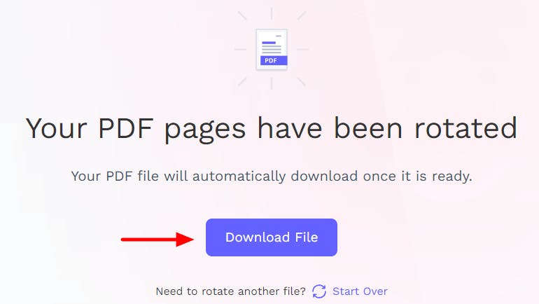 PDF Pro's Rotate PDF online tool. The Download File button has a red arrow pointing at it. 