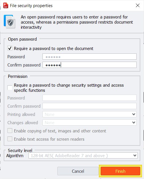 PDF Pro's Password dialog box. The red Finish button is highlighted. 