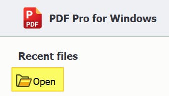 PDF Pro for Windows. The Open file button is highlighted.