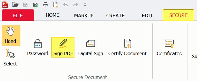 PDF Pro Secure tab and Sign PDF button highlighted in yellow. 