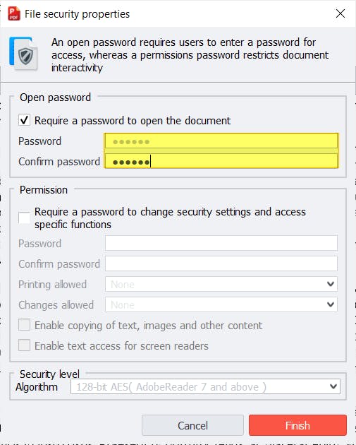 File Security Properties dialog box with the Password and Confirm Password fields filled and highlighted. 