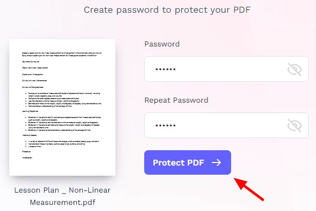 PDF Pro's online Password Protect PDF tool during use. The Protect PDF button has a red arrow pointing at it. 