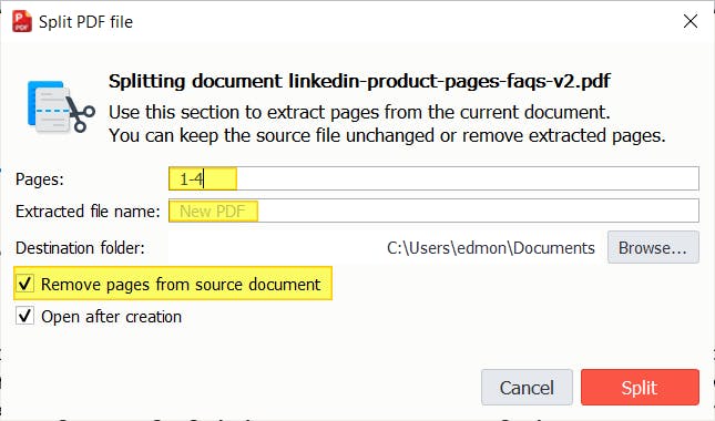 Split PDF file dialog box in PDF Pro. The "pages" field, "extracted file name" field, and "remove pages from source document" checkbox is highlighted. 
