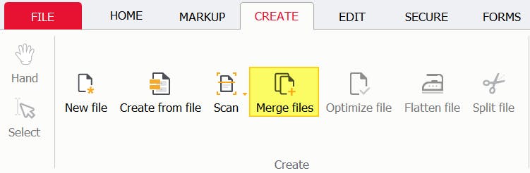 PDF Pro's Create tab. The Merge Files button is highlighted. 