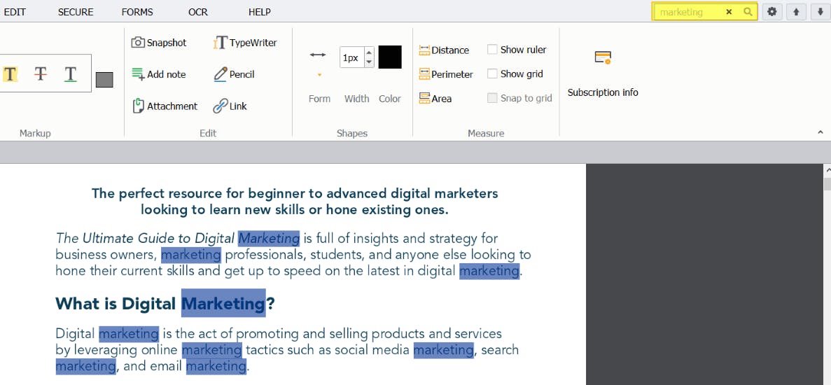 PDF Pro search bar is highlighted and the word "marketing" is typed into it. The words "marketing" in the PDF are highlighted blue. 