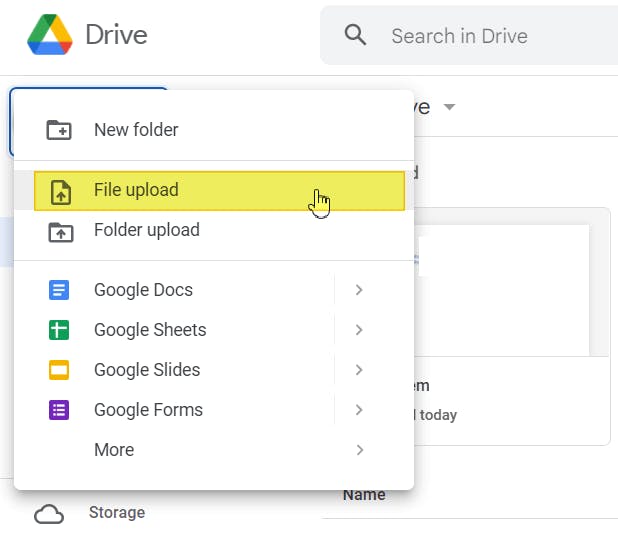 File upload option highlighted in Google Drive. 