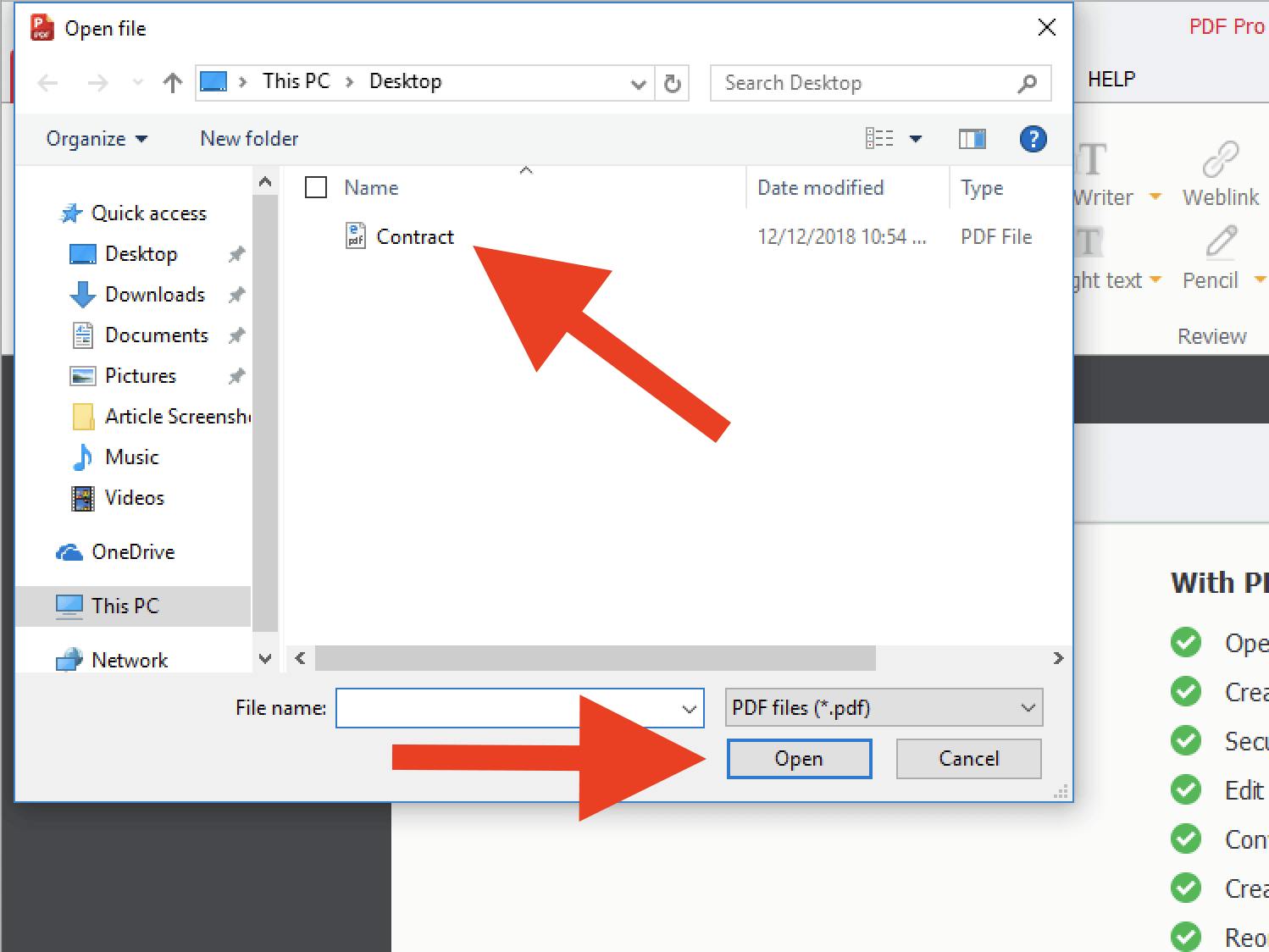 La boîte de dialogue d'ouverture de fichier avec une flèche rouge pointant vers un fichier et le bouton d'ouverture.