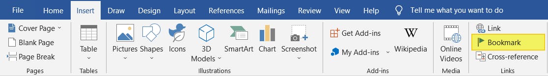 Bookmark button highlighted in Microsoft Word.