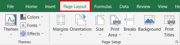 Page Layout tab in Excel with a red box around it. 
