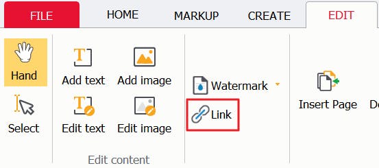 The Edit tab of PDF Pro, with the Insert Link button highlighted by a red box around it. 
