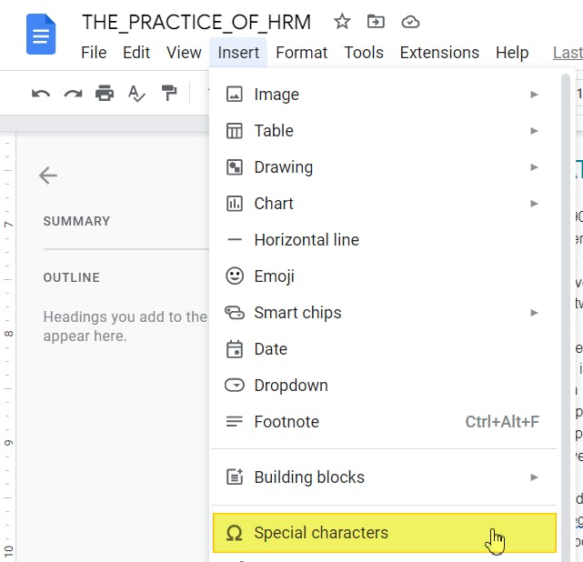 Special characters option highlighted from the Insert context menu. 