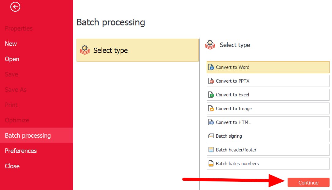 PDF Pro's batch processing menu. The Continue button has a red arrow pointing at it.