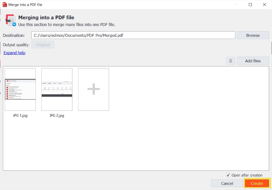 PDF Pro's Merge into a PDF File dialog box. Two JPGs have been added. The Create button is highlighted. 