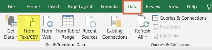 Excel Data tab with the From Text/CSV button highlighted. 