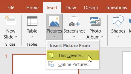 Insert Picture dropdown with Insert Picture From This Device option highlighted and selected with the mouse cursor. 