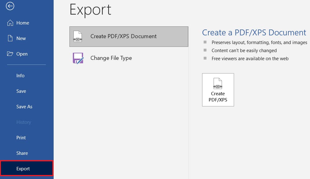 Export button with a red box around it in Microsoft Word.