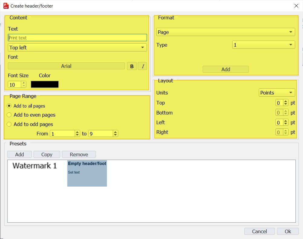 Header footer dialog box with different sections highlighted 