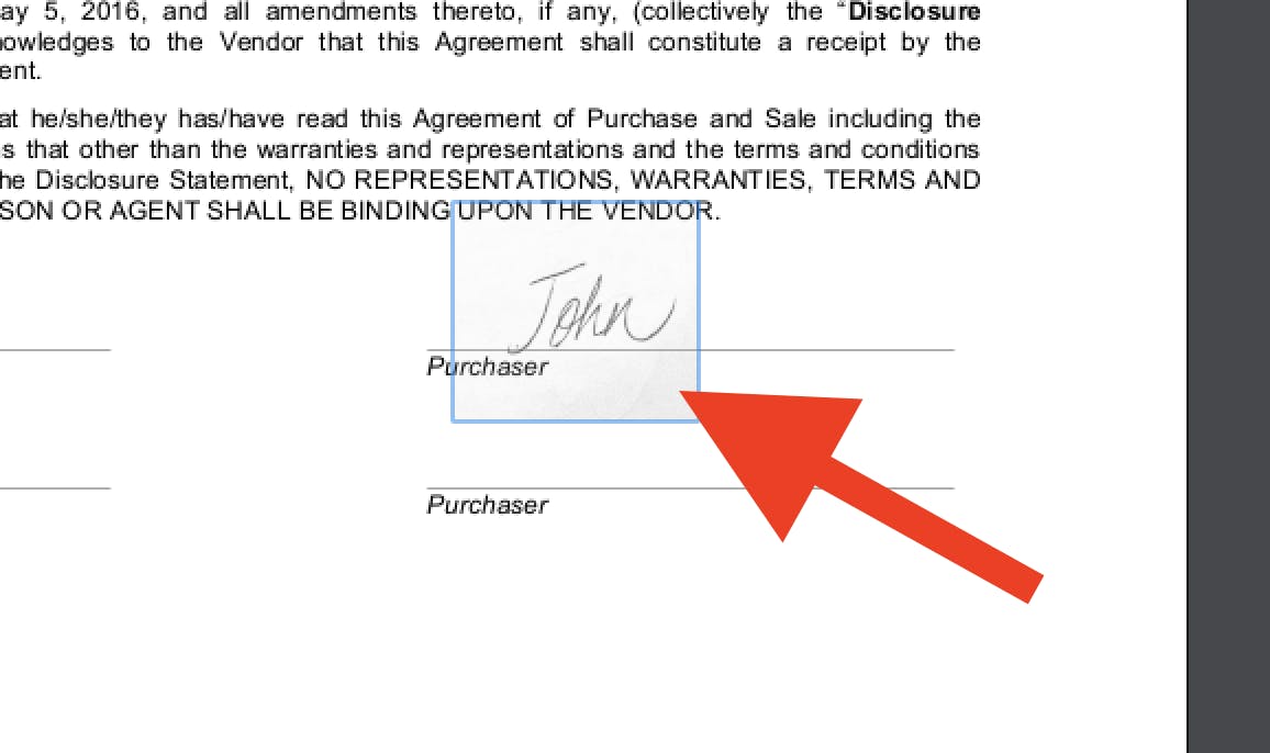 Signature placée sur un PDF avec une flèche pointant dessus.