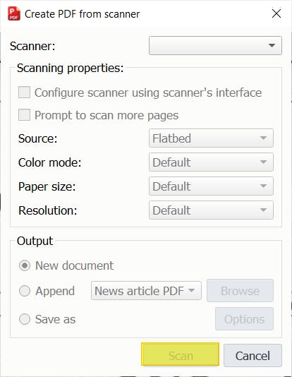 Scan button highlighted in Create PDF from scanner dialog box. 