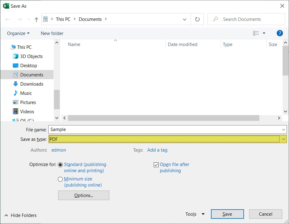 PDF selected from dropdown menu in Excel Save As dialog box.