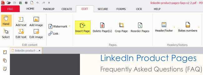 Insert page button highlighted in PDF Pro.