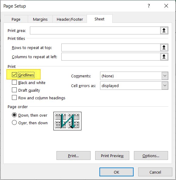 Gridlines checkbox in Page Setup dialog box.
