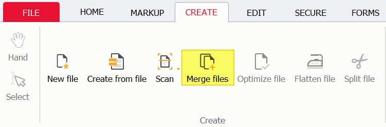 The Create tab in PDF Pro. The Merge files button is highlighted.