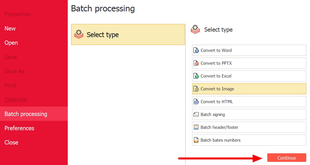 PDF Pro's Batch Processing menu. The continue button has a red arrow pointing at it. 