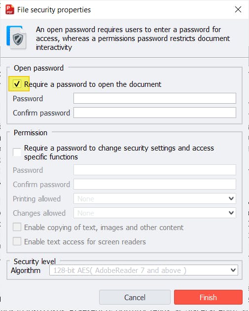 File Security Properties dialog box with the "Require a password to open the document" checkbox checked and highlighted. 