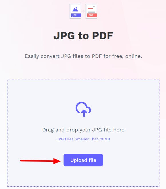 PDF Pro's online JPG to PDF tool. The Upload file button has a red arrow pointing to it.
