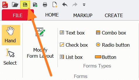 Save button in PDF Pro is highlighted in yellow and has an orange arrow pointing at it. 