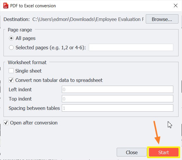 PDF to Excel conversion dialog box with the red Start button highlighted and having an orange arrow pointed at it. 