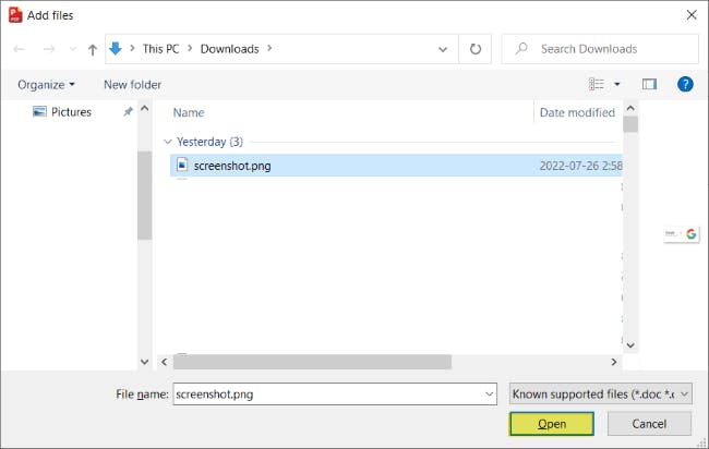 Add files dialog box with a file titled "screenshot.png" selected by the mouse. The Open button is highlighted. 