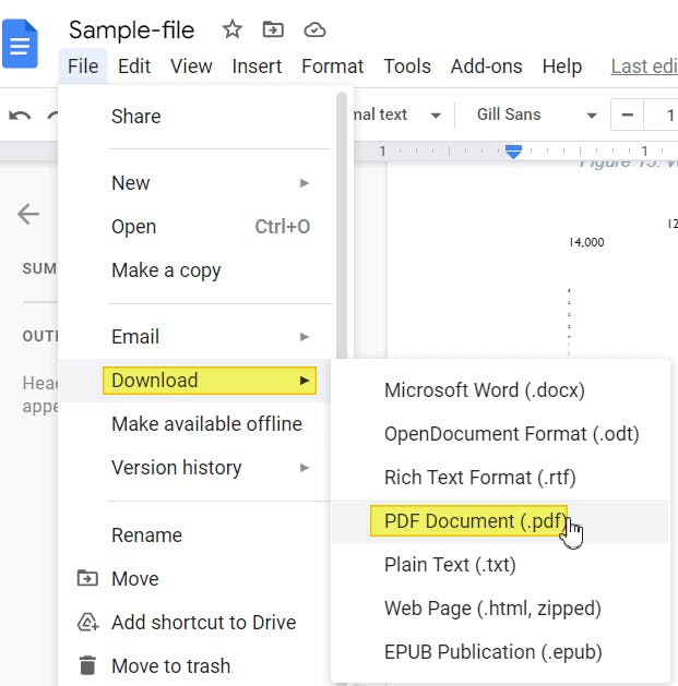 From the dropdown, the Download option is highlighted, and is leading to different options. PDF Document (.pdf) is highlighted, and has a mouse cursor on it. 