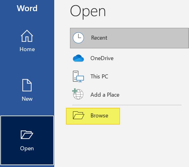 Browse button highlighted in Word. 