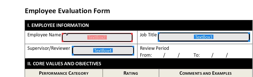 Fillable employee evaluation form with the fillable fields highlighted in blue. The mouse is on the Employee Name field, the field is in red.