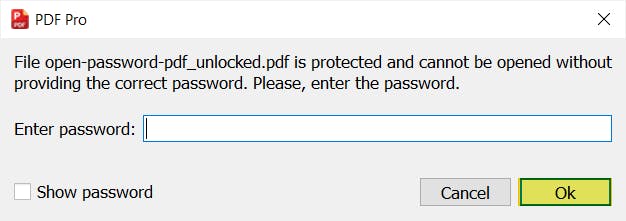 PDF Pro's password prompt dialog box. The Ok button is highlighted.