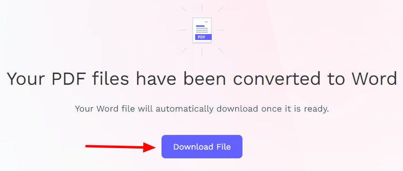 PDF Pro's online PDF to Word converter. The text says "Your PDF files have been converted to Word". There is a red arrow pointing at the Download File button.