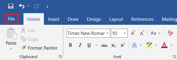 File menu button with a red box around it in Word. 