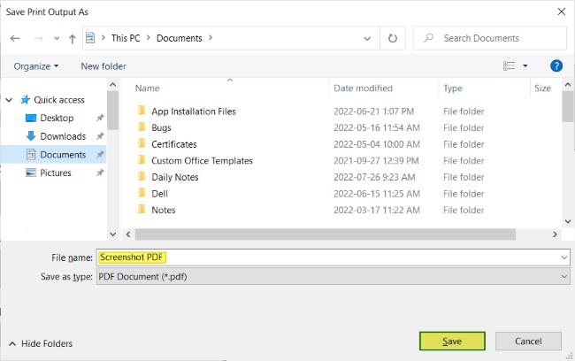 Save Print Output As dialog box with File name "Screenshot PDF" highlighted and Save button highlighted. 