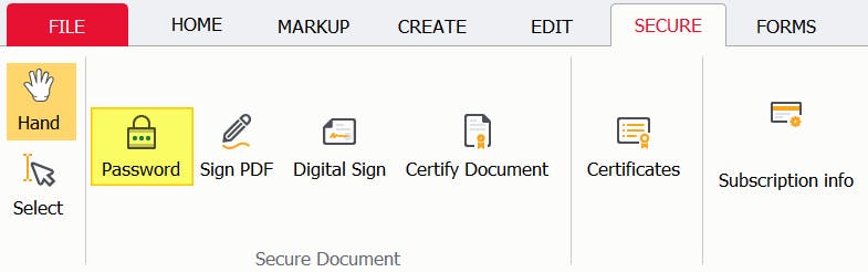 PDF Pro Secure tab. The Password button is highlighted. 